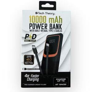 Theory Black Power Bank 10000 mAh with Dual Type C Cables NEW Unopened Box